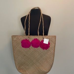 New! StrawTote Bag With Pom Poms